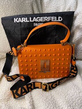 Karl Lagerfeld handbag crossbody orange w/ orange stud detail.